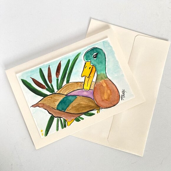 Watercolor Duck Cattails Art Handmade Original Blank Greeting Card and Envelope - Picture 5 of 5